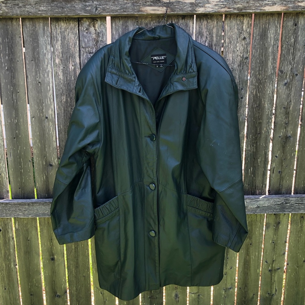 Vintage Pelle Dark Green Leather Button-Front Jacket
